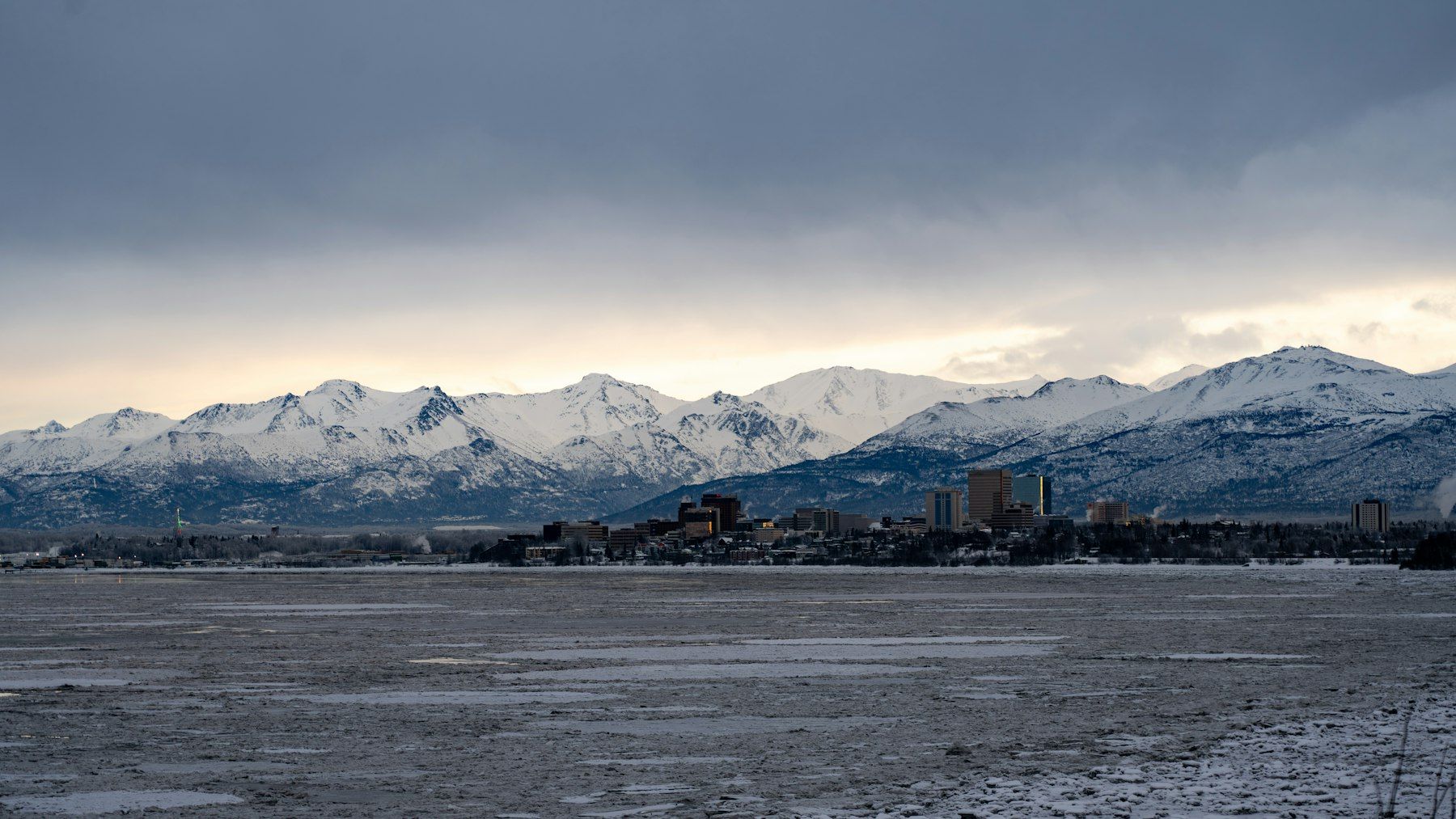 Downtown Anchorage with the Chugach Mountains behind