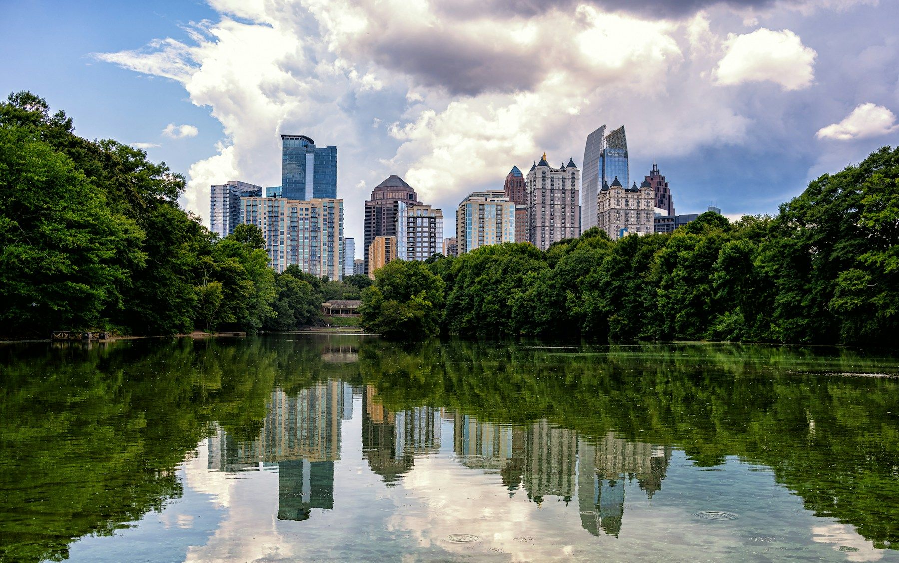 The Atlanta skyline reflected in a lake