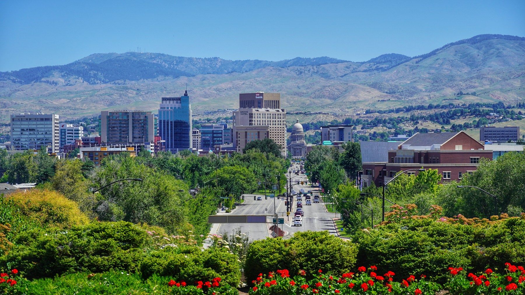 Downtown Boise with the foothills behind