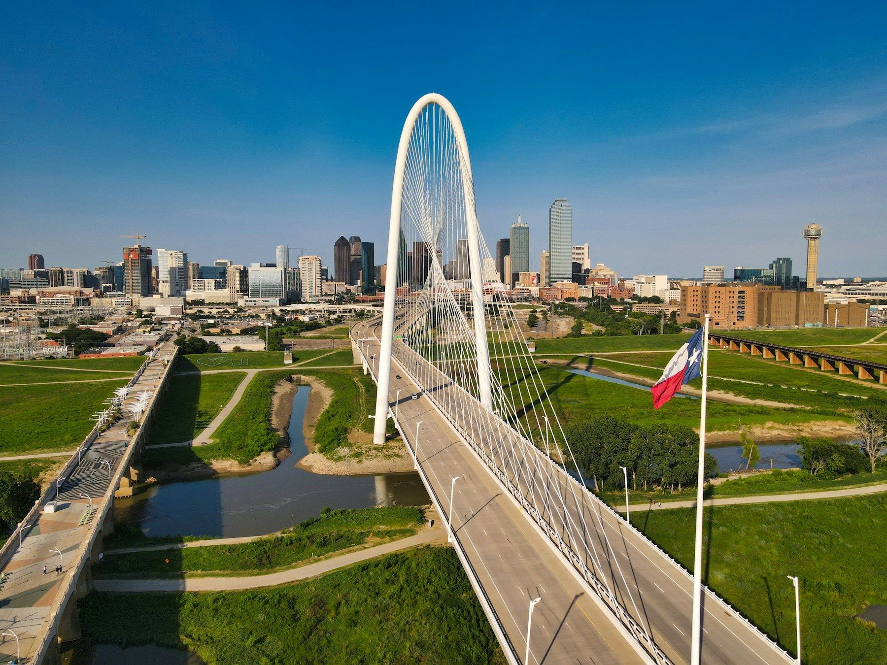 The Dallas skyline and the Margaret Hunt Hill Bridge