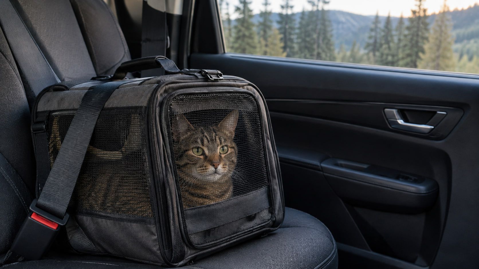 A tabby cat in a soft-sided carrier held in place by the seat belt on a car's back seat