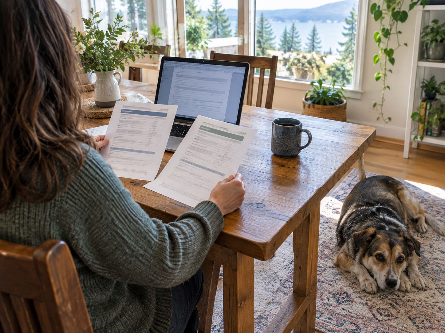 A pet owner comparing two printed pet transport quotes at the kitchen table while their dog rests on the rug nearby