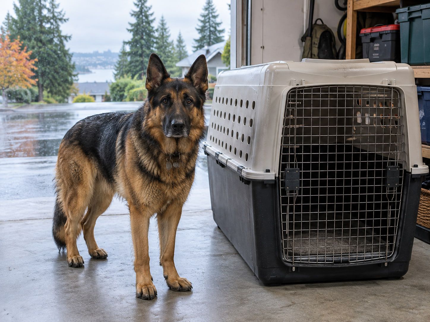 A German shepherd standing beside an extra large hard plastic airline crate in a garage on a rainy day
