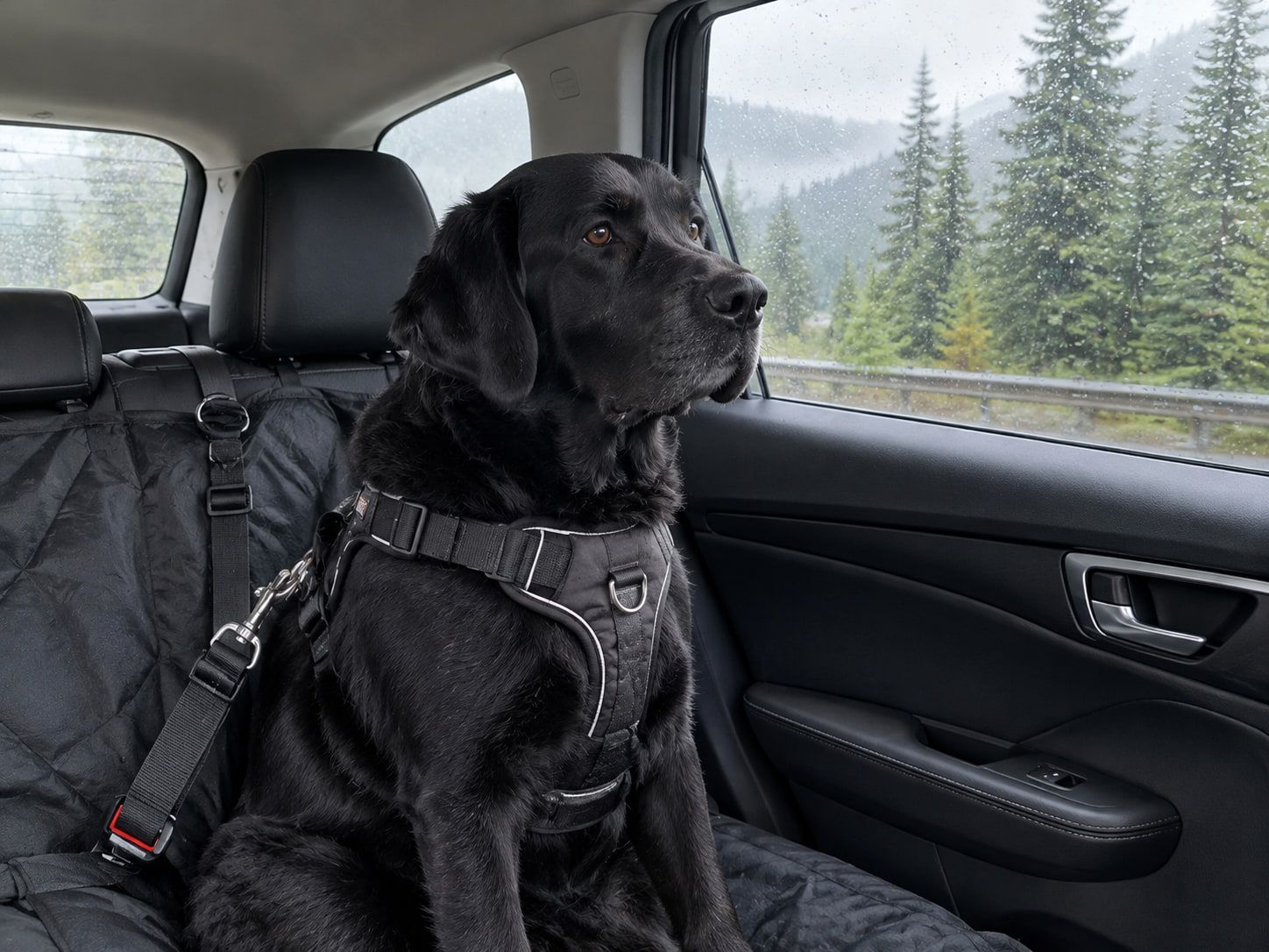 A black Labrador in a car safety harness clipped to the seat belt, riding in the back seat past evergreen forest on a rainy day