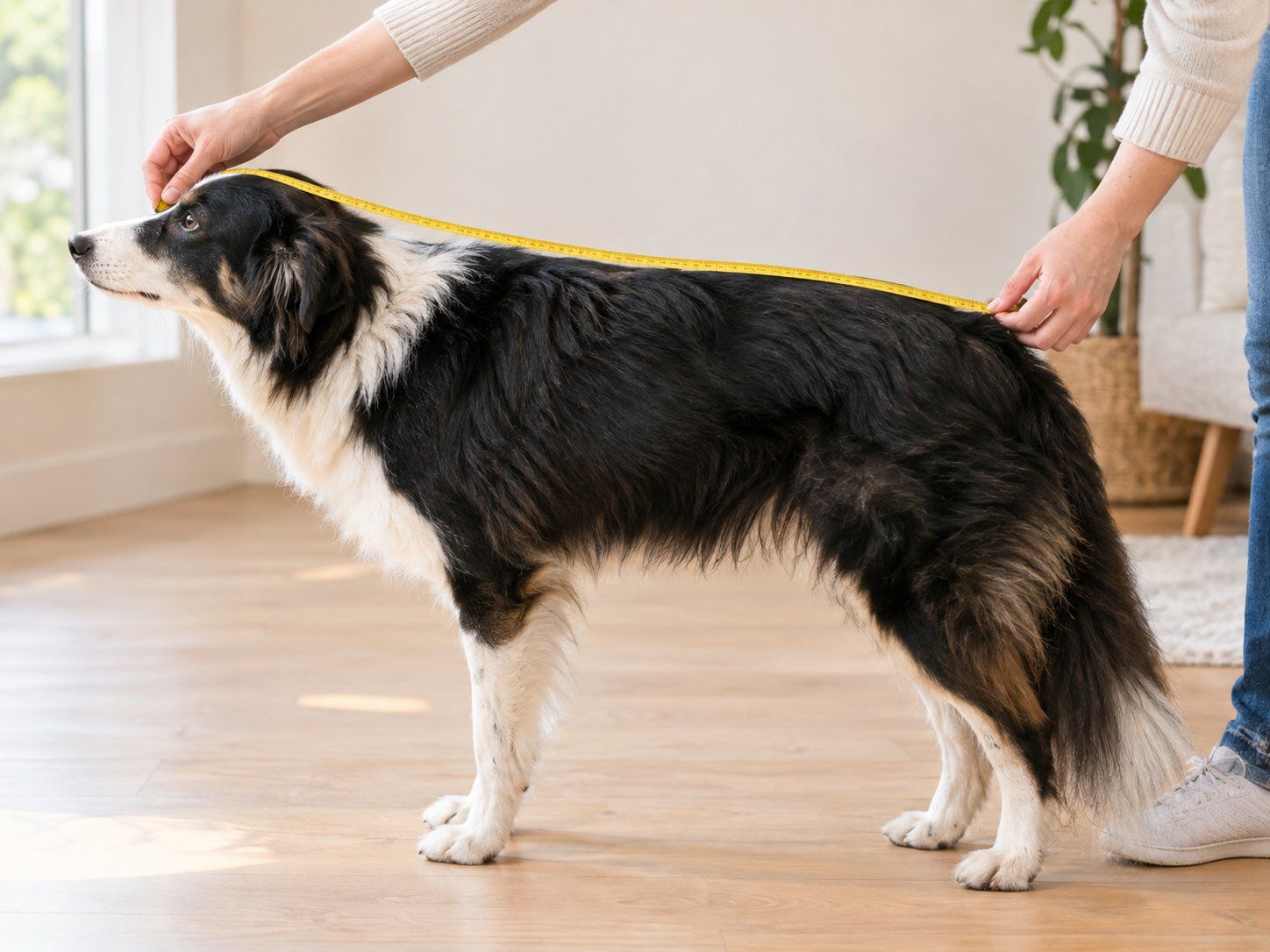 A dog being measured with a soft tape measure